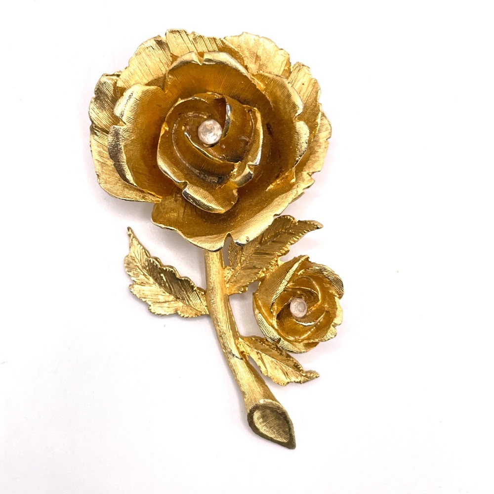 Ledo Signed Vintage Textured Gold Tone Rose Pin Brooch 60's